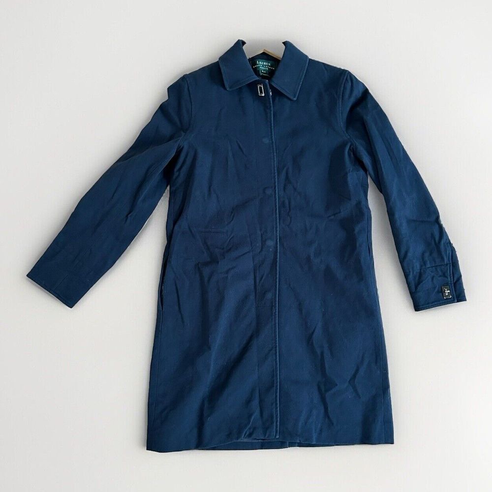 Lauren Ralph Lauren‎ Trench Coat Women P/P Navy Blue Leather Trim Snap Front 881